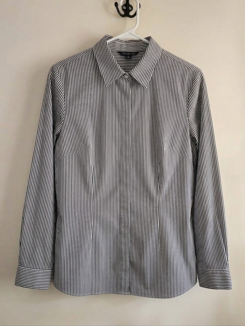 CJ Banks Black and White Vertical Stripe Dressy Women's Shirt 1X